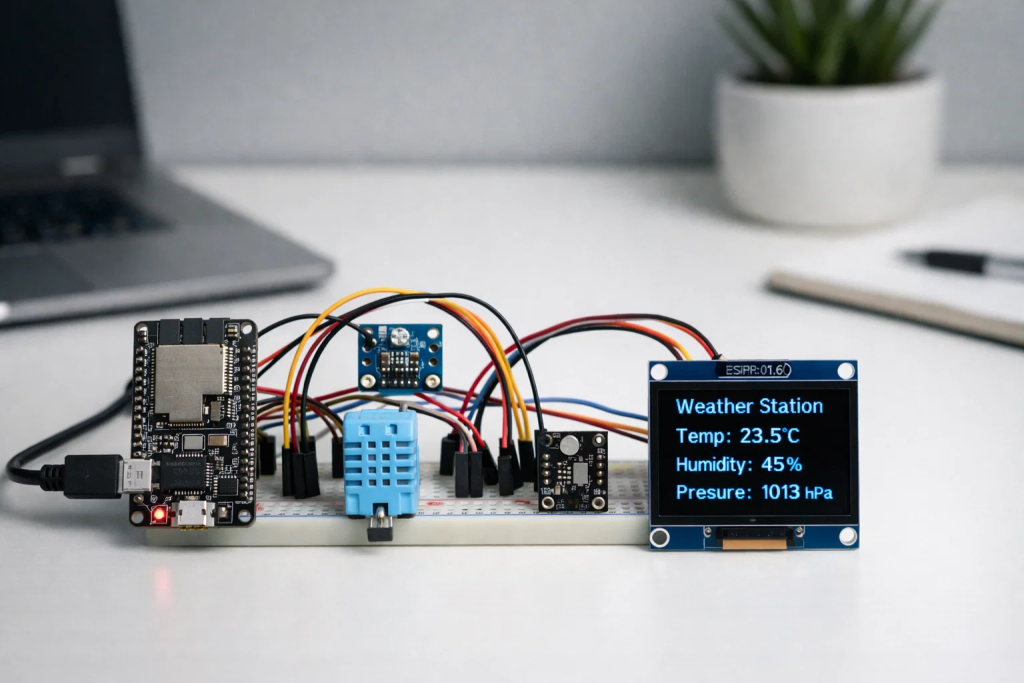 Intermediate IoT weather station project with multiple sensors and display showing real-time environmental data