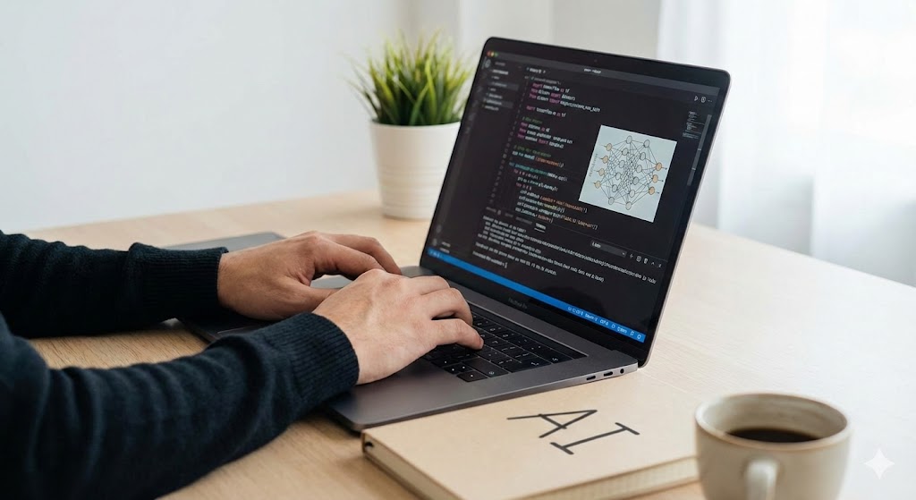 Python programmer writing AI machine learning code on laptop with neural network visualization and development environment showing NumPy pandas libraries