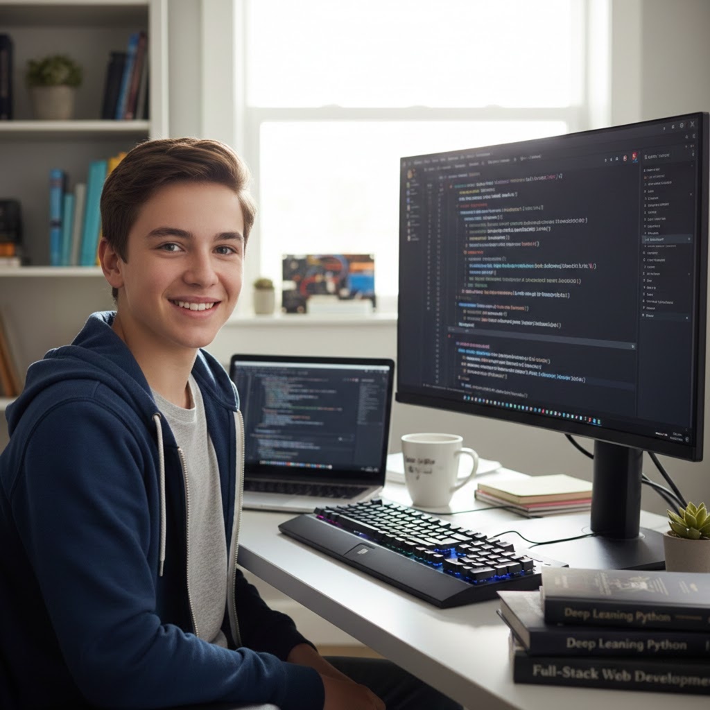 Teen student learning Python programming on a desktop computer in a home study setup