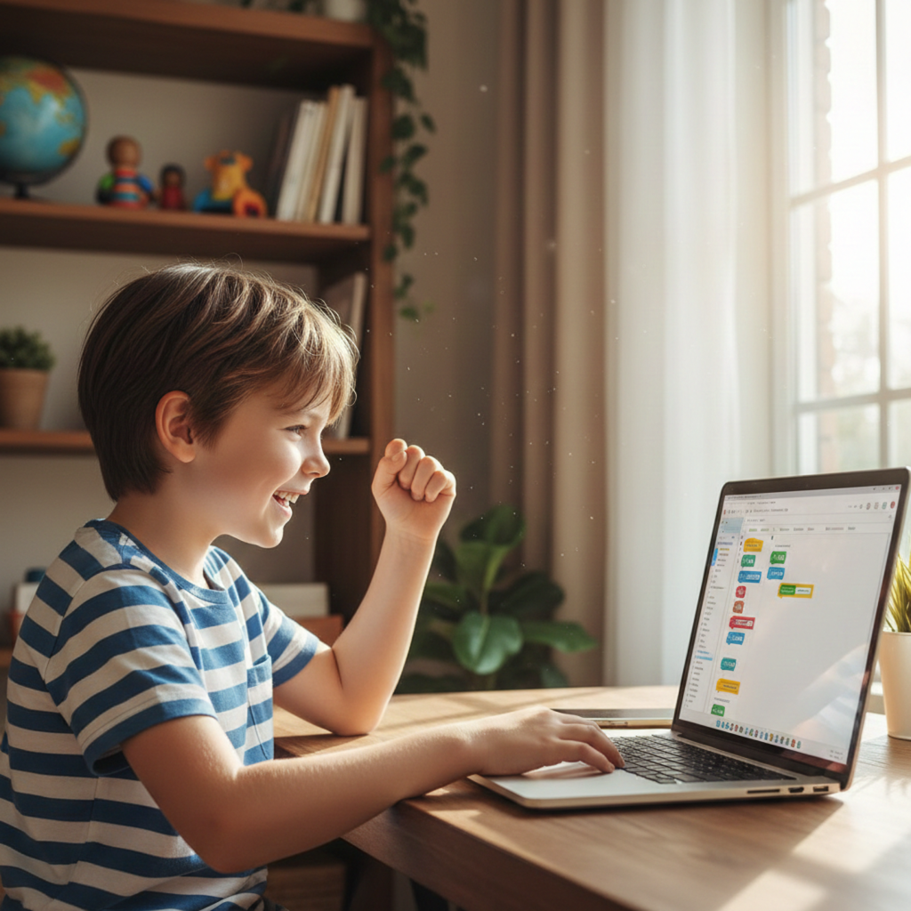 Child (8-12 years old) sitting at home desk, smiling at laptop screen showing colorful code editor (Scratch or Python), small celebration gesture (fist pump or high-five motion), bright room with bookshelf in background