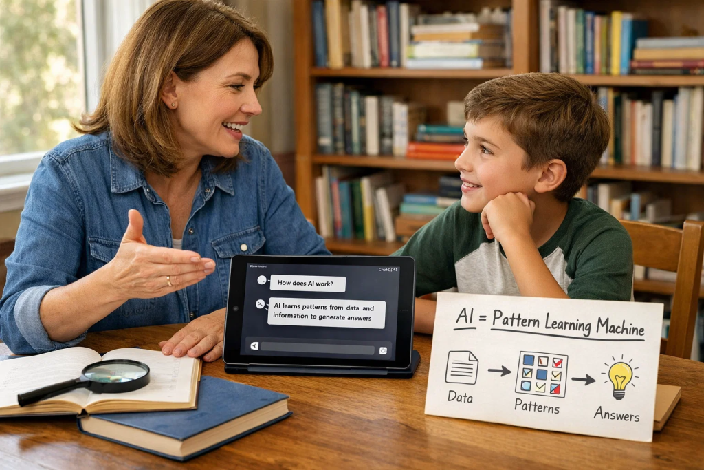 A warm, educational scene showing a parent or teacher sitting with a child (around 10 years old) at a table. On the table is a tablet showing an AI interface (like ChatGPT) alongside physical objects: a book, a magnifying glass, and a simple diagram showing "AI = Pattern Learning Machine" with visual flow arrows. The adult is gesturing and explaining while the child looks engaged and curious, asking questions. Natural lighting from a window, cozy learning environment with bookshelves in background. The scene should demystify AI rather than make it seem intimidating. Professional educational photography, authentic teaching moment, warm and approachable mood.