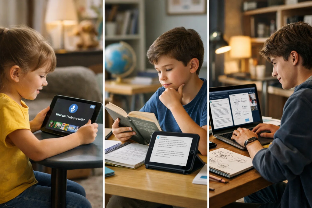 A three panel educational showing progression of AI literacy. Panel 1 (Ages 5-8): Young child with simple icons representing AI in everyday life (voice assistant, game, photo recognition). Panel 2 (Ages 9-12): Preteen student actively comparing AI output on tablet with information in a book, looking thoughtful. Panel 3 (Ages 13+): Teenager working on a laptop with both AI tools and their own creative work visible, showing collaborative use. Clean, modern illustration style with Scratch/educational color palette (blues, purples, greens). Clear visual progression from awareness to understanding to application. Friendly, encouraging, educational feel.