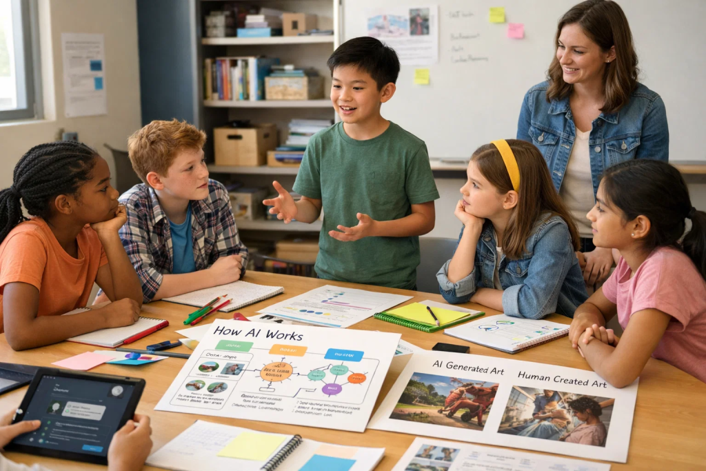 A  thoughtful scene showing a diverse group of children (ages 9-13) in a classroom or learning space setting, engaged in an activity around a large table. On the table are various materials: tablets showing AI interfaces, printouts of AI generated content alongside human created content for comparison, charts or diagrams about how AI works, and markers/notebooks for discussion notes. One child is presenting or explaining something while others listen and look engaged. A teacher or instructor stands nearby facilitating but not dominating the scene. The mood should be collaborative, thoughtful, and inquiry based. Natural lighting, modern educational space, authentic learning community feel. Professional educational photography capturing genuine engagement with complex concepts.