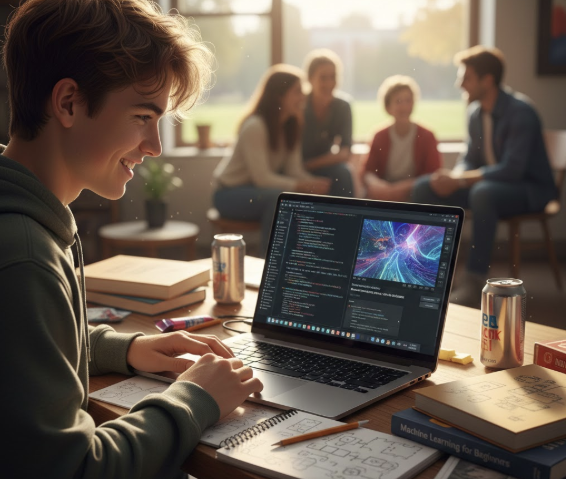 An inspiring scene showing a teenager (around 14-15 years old) working on a laptop with both AI tools and coding visible on screen. They're building something, a project that combines AI with their own creativity (maybe an AI assisted game, art project, or data visualization). On their desk are notes, sketches showing their planning process, and perhaps a book about AI or machine learning. Through a window behind them, other students or family members are visible in soft focus, suggesting community and support. The scene should convey capability, creativity, thoughtful use of technology, and forward looking optimism. Natural afternoon lighting, organized workspace, authentic teenage learning environment. Professional photography style showing agency, competence, and the bridge between understanding AI and creating with it.
