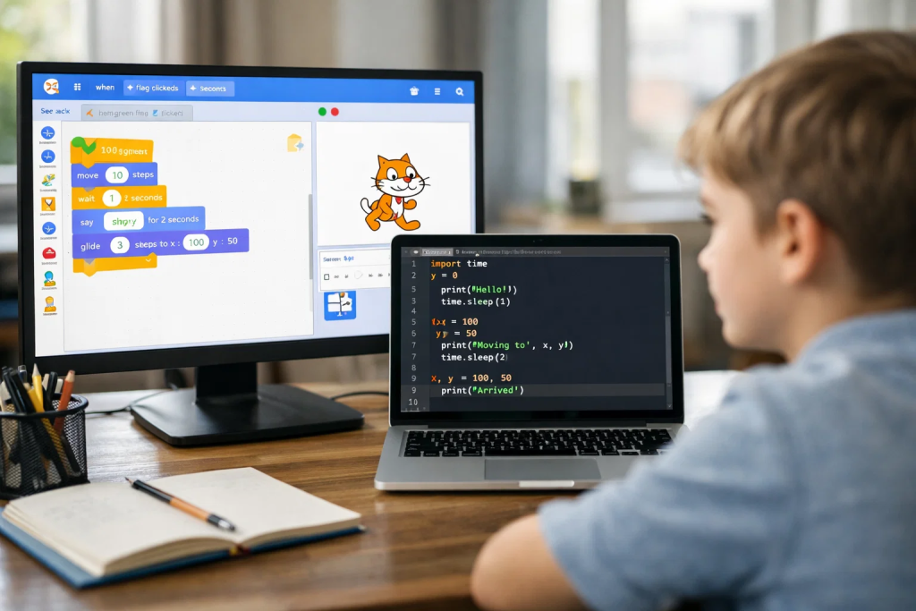 A high-resolution photograph captured with a professional DSLR camera showing a split-screen learning setup on a desk. On the left side of the desk monitor, colorful Scratch programming blocks display a simple “say hello” animation using motion and looks blocks. On the right side, a laptop screen shows the same program written in Python inside a clean code editor with clear syntax highlighting. Both screens are sharp and fully readable.
In the background, a 10-year-old student is visible in soft focus, seated at the desk and attentively looking at the two screens. Natural daylight enters through a nearby window, creating soft shadows and realistic reflections on the desk surface. The environment is a modern home learning space with minimal decor, notebooks, and a pencil holder. Shot at eye-level with shallow depth of field, realistic skin tones, true-to-life colors, and a calm, inspiring educational mood.
