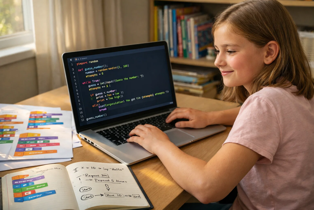 A young girl (around 11 years old) sitting at a desk with a laptop showing Python code on the screen, looking proud and confident. On the desk beside the laptop are printouts of her old Scratch projects and a notebook with code sketches. Warm afternoon lighting through a window, organized study space with coding books visible on a shelf in background. Natural, candid documentary style photo capturing genuine achievement and growth. Modern, inspiring educational environment.