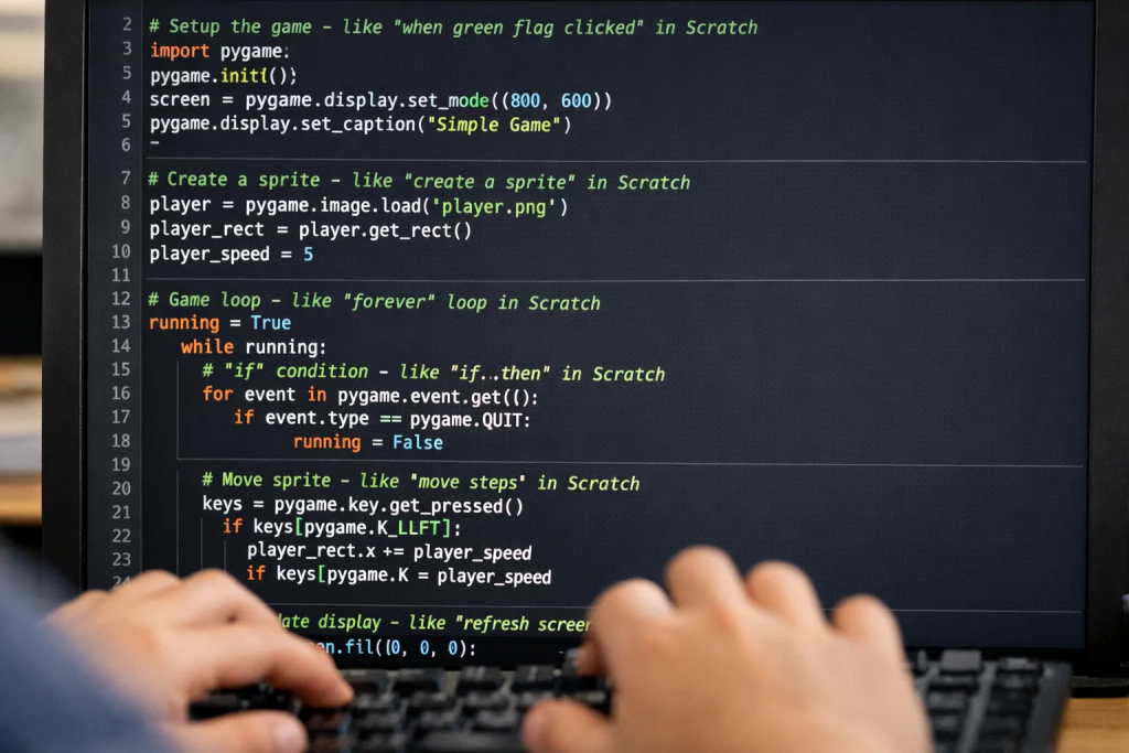 A close up of a computer screen showing a Python code editor with a simple game project open. The code should include clear comments referencing "like in Scratch" showing the connection between concepts. In the foreground, slightly out of focus, hands of a young person typing on a keyboard. The screen should show clean, well organized Python code with good syntax highlighting. Professional coding environment, natural lighting, authentic learning moment captured.
