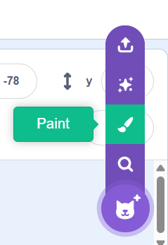Scratch paint button interface showing sprite creation tools for custom currency label design