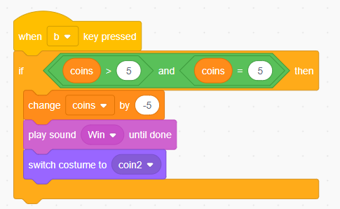 Scratch purchase system code with conditional coins check change by negative five deduct currency