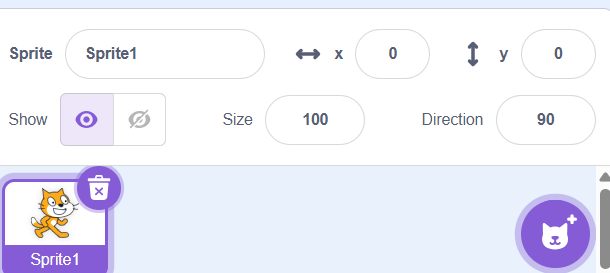 Scratch sprite properties panel showing x y position coordinates size and direction settings