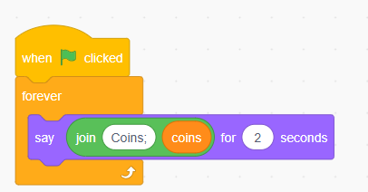 Scratch code blocks with forever loop join operator displaying dynamic currency counter update system