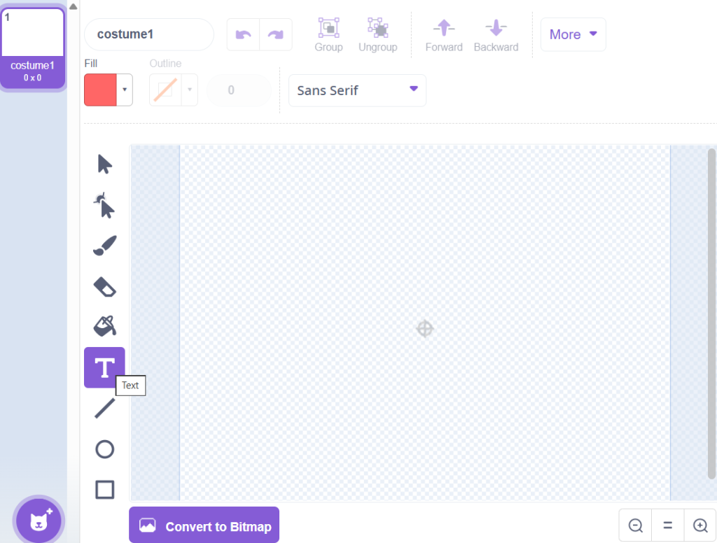 Scratch costume editor showing paint tools Fill and Outline options for HUD design