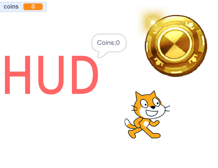 Complete Scratch game interface showing HUD currency display gold coin sprite and player character