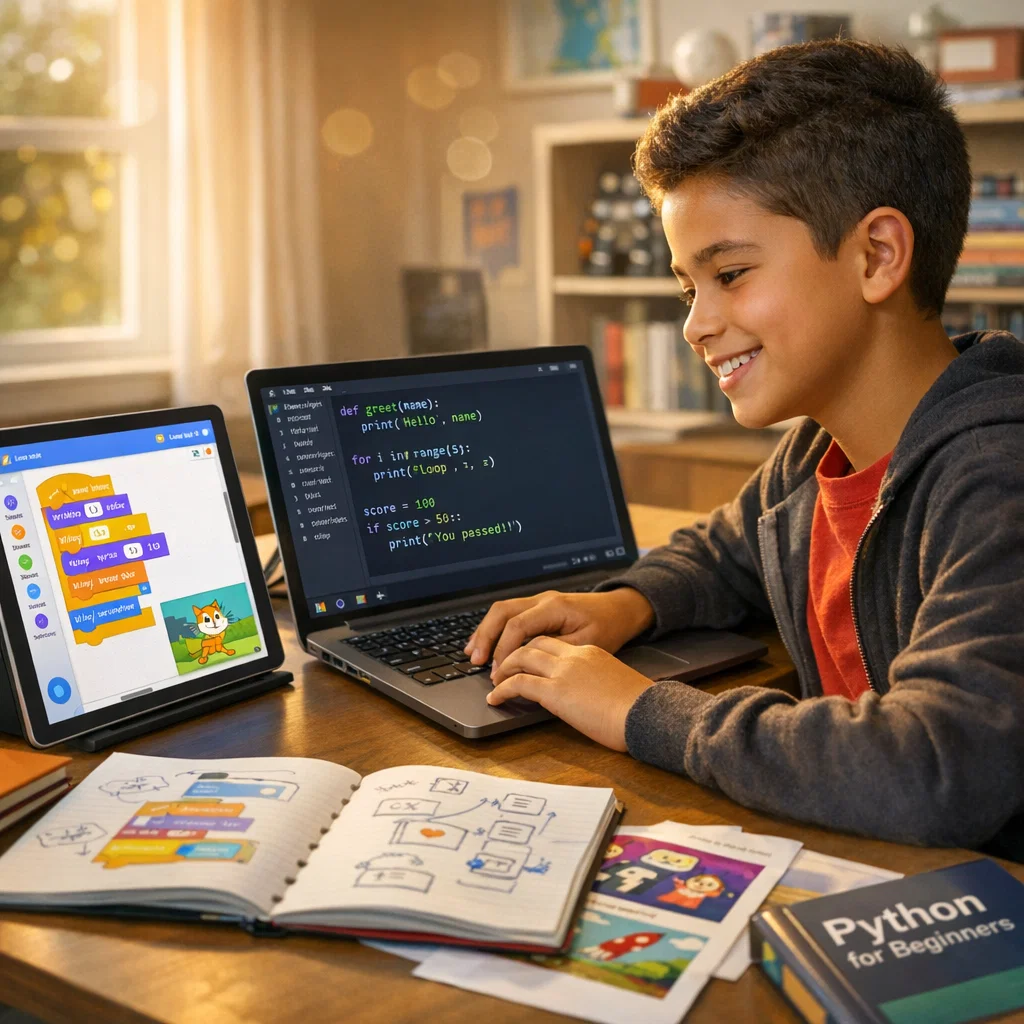 A inspiring educational scene showing the coding journey transition. In the foreground, a diverse young student (around 11-12 years old) sitting at a modern desk, confidently working on a laptop displaying Python code with clear syntax highlighting. To the left side of the desk, a tablet or second screen shows the colorful Scratch interface with block-based code visible. The composition should show both screens clearly to represent the transition from Scratch to Python. On the desk surface, visible elements include: a notebook with hand-drawn code sketches, some Scratch project printouts with colorful sprites, and perhaps a