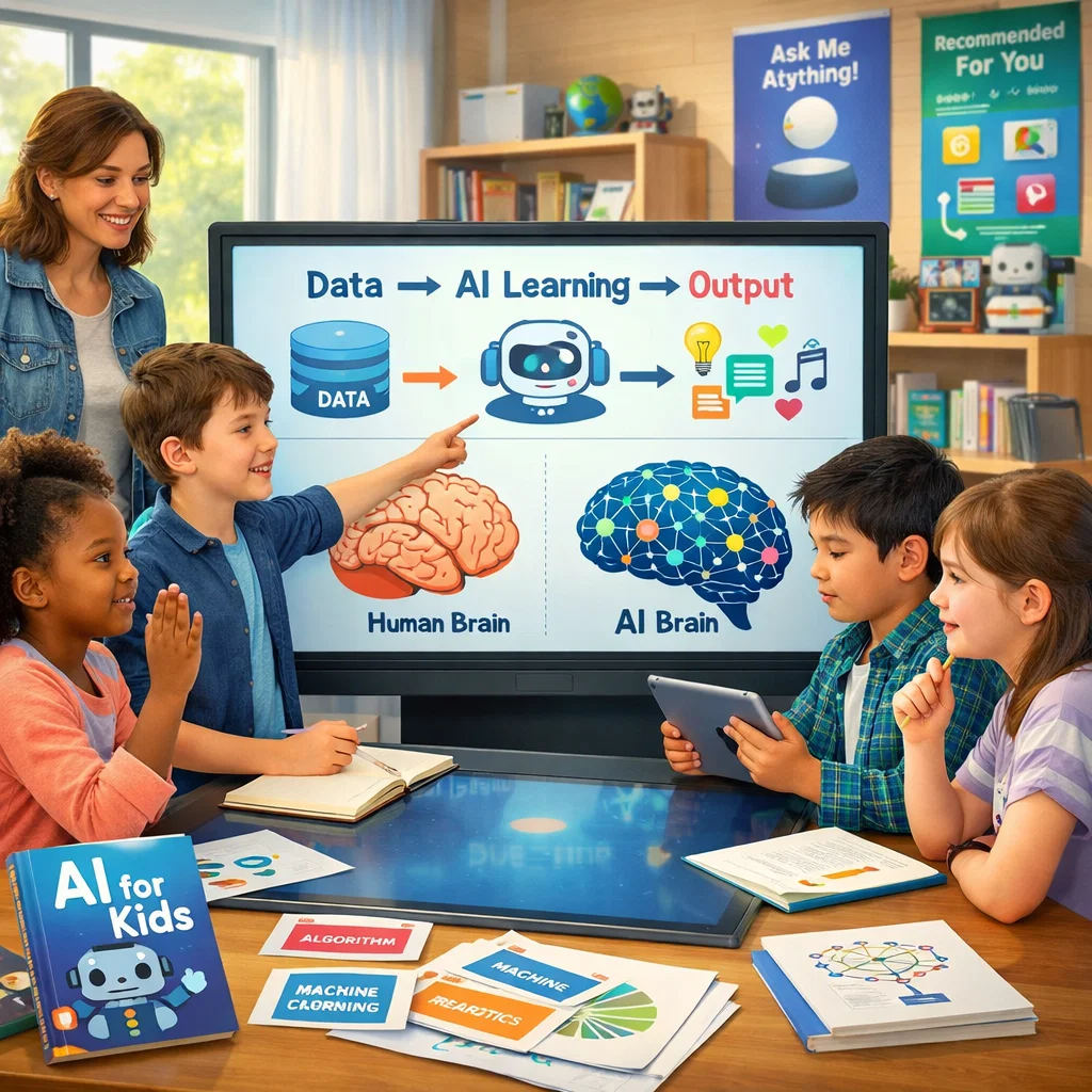 A thoughtfully composed educational scene that captures the essence of AI literacy for the modern generation. The central focus is a diverse group of children (ages ranging from about 8 to 13) gathered around a large touchscreen display or interactive table in a bright, contemporary learning space. On the display screen, show a clear visualization of AI concepts made child friendly: perhaps a simple flowchart showing "Data → AI Learning → Output" with playful icons, or a comparison between a human brain and a simplified "AI brain" made of networks and patterns. The visualization should feel educational and demystifying rather than technical or intimidating. The children should be actively engaged in various ways: one pointing at the screen and explaining something, another taking notes, one looking thoughtfully at their own tablet comparing information, another asking a question with raised hand. Their expressions should show curiosity, engagement, and developing understanding, not confusion or intimidation. In the foreground, include physical learning materials that bridge digital and tangible: perhaps a book about AI for kids, printed cards with AI terminology, or simple diagrams. This grounds the high tech topic in accessible, hands on learning. An adult educator or parent figure should be present but not dominating the scene, perhaps standing to the side, facilitating discussion and learning rather than lecturing. Their body language should suggest guidance and support. Background elements: modern learning environment with natural light from large windows, perhaps posters showing AI in daily life (voice assistants, recommendation systems, etc.) made visually appealing and kid friendly, shelves with both books and technology suggesting balanced learning. Color palette: Bright but not overwhelming, using blues, purples, and greens that suggest both technology and growth. Avoid harsh neon or overly serious corporate tech colors. The mood should be optimistic, empowering, and educational. Lighting: Natural, warm light that makes the scene feel inviting rather than clinical. Soft shadows, nothing harsh or dramatic. Overall mood: This image should communicate that AI literacy is accessible, important, engaging, and empowering for kids. It should make parents feel that teaching AI concepts is achievable and valuable, not scary or overly complicated. The scene should inspire