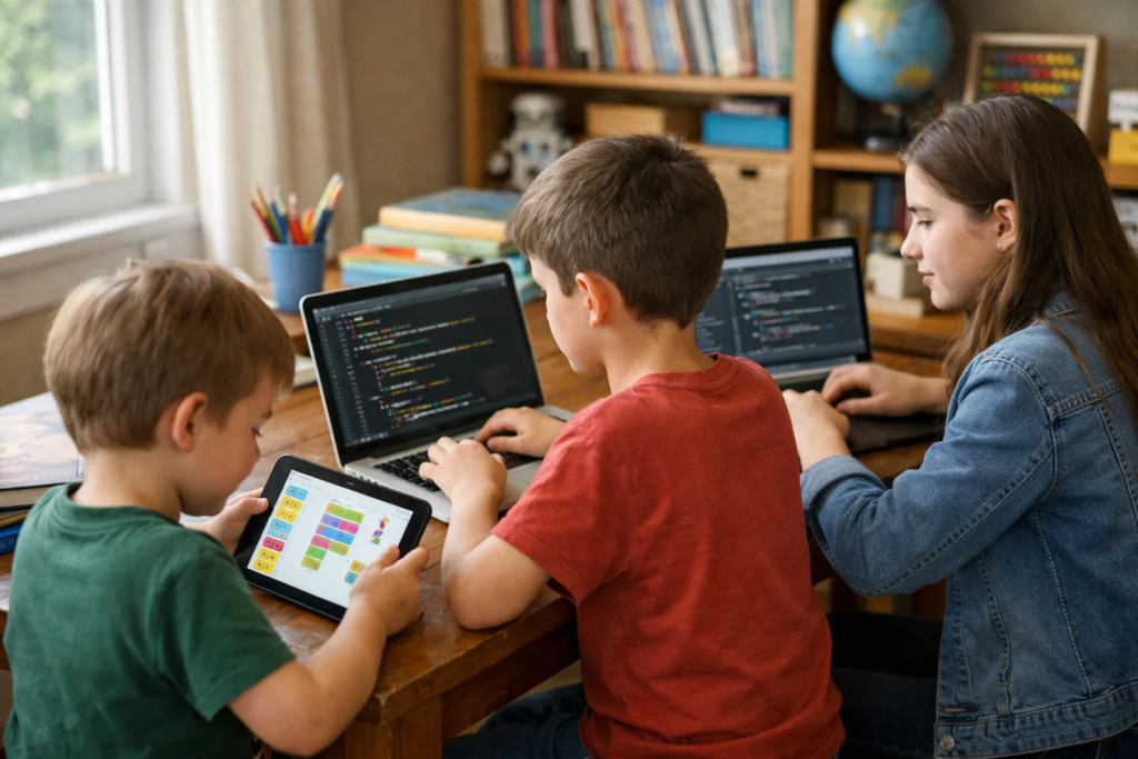 Three different aged children using age-appropriate coding platforms from visual blocks to Python to Java showing progression