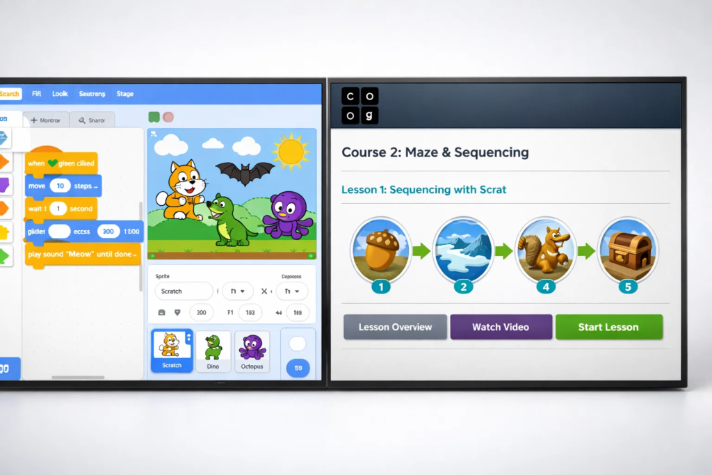 Side-by-side comparison of Scratch’s creative interface vs Code.org’s structured learning, highlighting different coding education approaches.