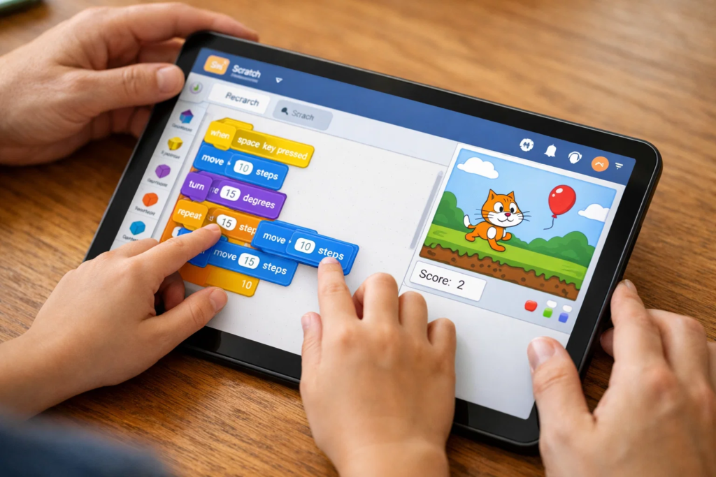  Close-up of child's hands learning block-based coding with parent guidance showing interactive visual programming education for kids