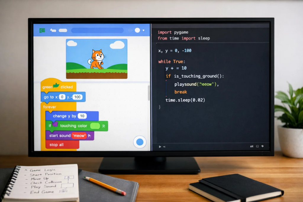 Side-by-side computer screen comparison showing same game programmed in visual Scratch blocks versus Python text code for kids learning progression