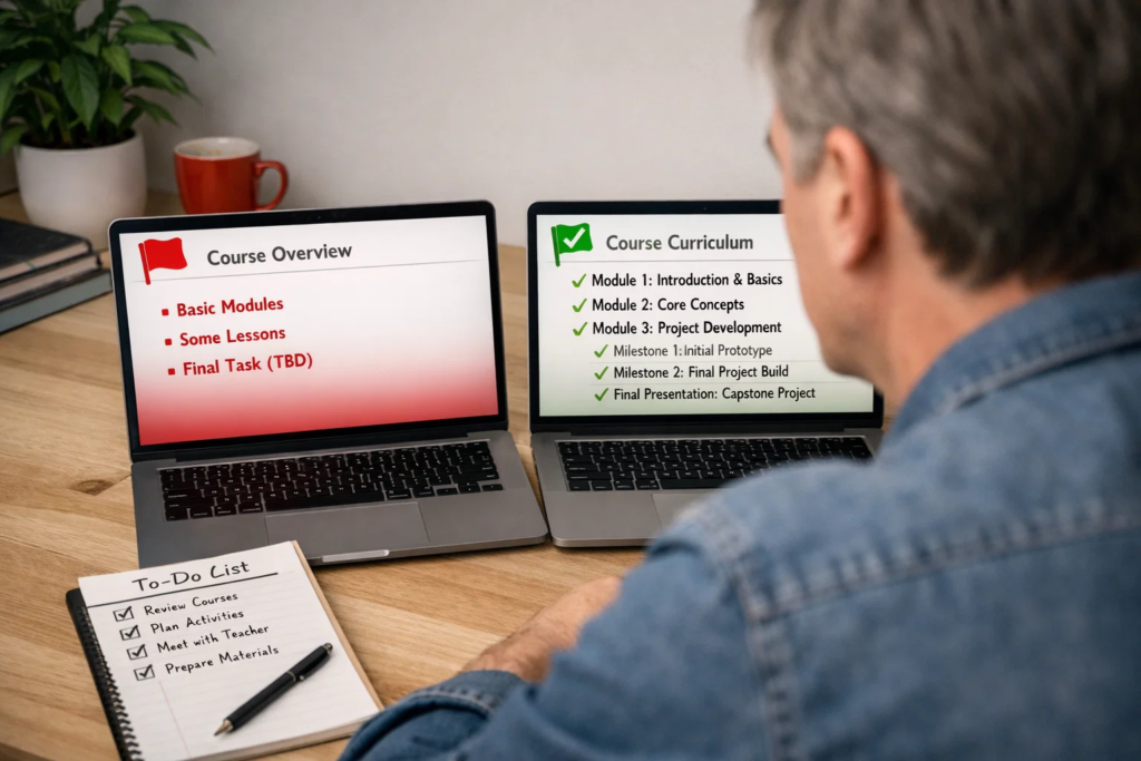 Parent reviewing two laptops showing coding course comparison, one vague with red flags and one detailed with green milestones.
