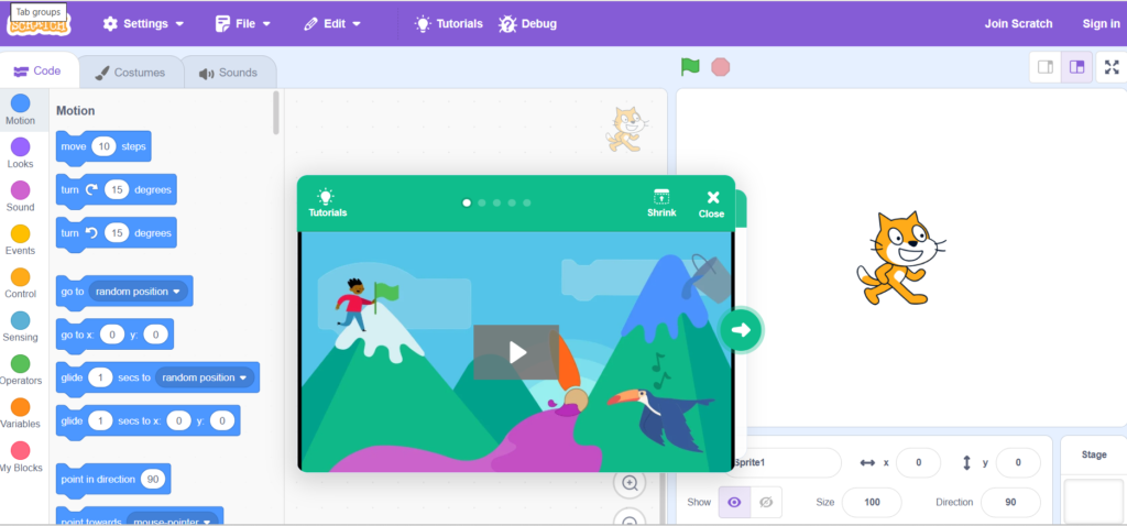 Scratch editor full interface — code blocks, stage, sprite panel, and tutorials overlay for beginner animation setup