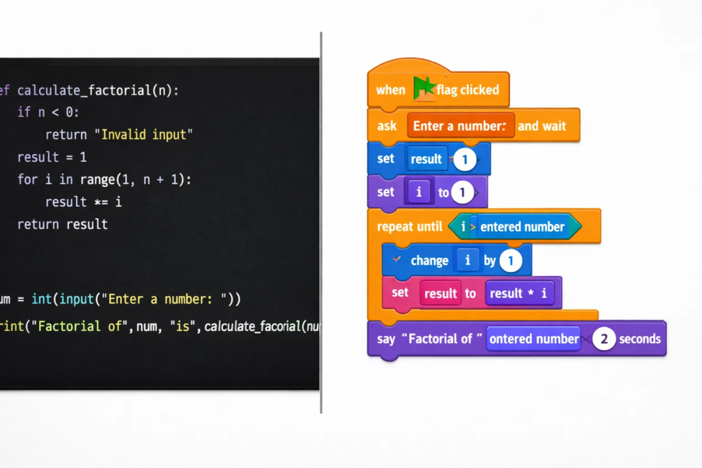 Side-by-side view of text coding and Scratch’s visual block interface, highlighting child-friendly ease of use.