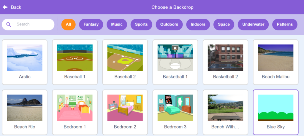 Choose a Backdrop" library with Blue Sky backdrop selected — scene setup for sprite animation
