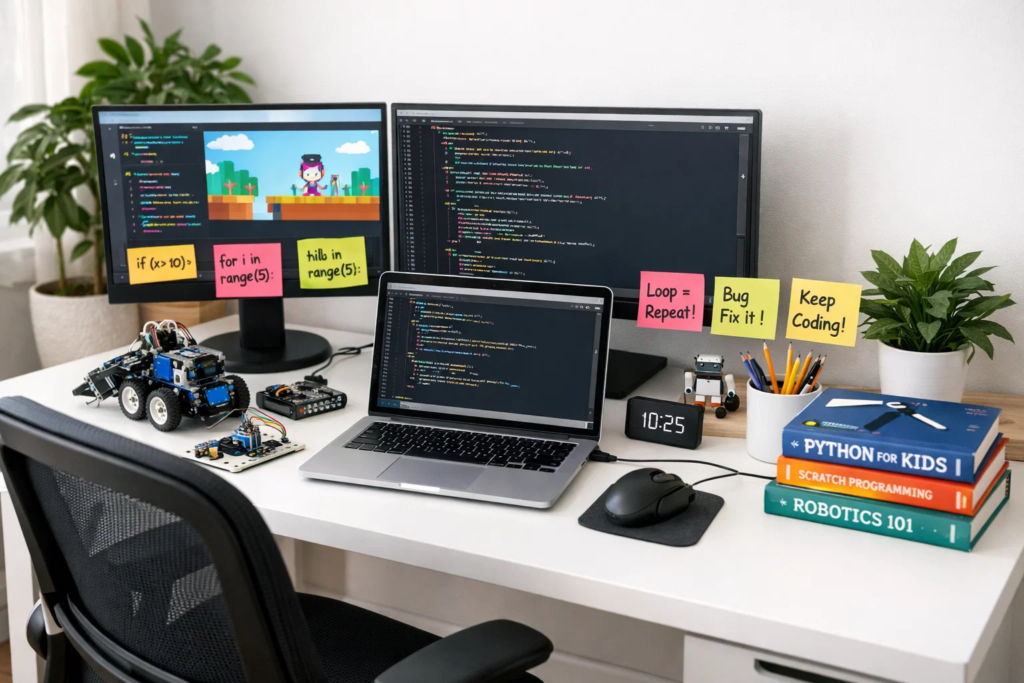 Organized kids coding workspace with laptop and learning materials showing ideal setup for programming education at home