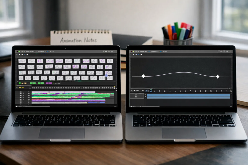 Side-by-side comparison demonstrating manual frame-by-frame animation versus tweening animation with automatic interpolation between keyframes