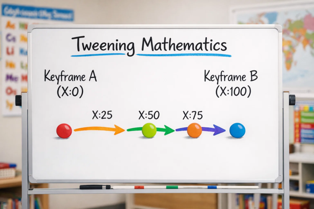 Mathematical diagram explaining tweening interpolation showing automatic frame calculations between two animation keyframes