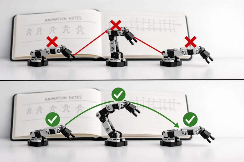 Comparison of incorrect robotic linear motion path versus correct smooth curved motion path in animation tweening