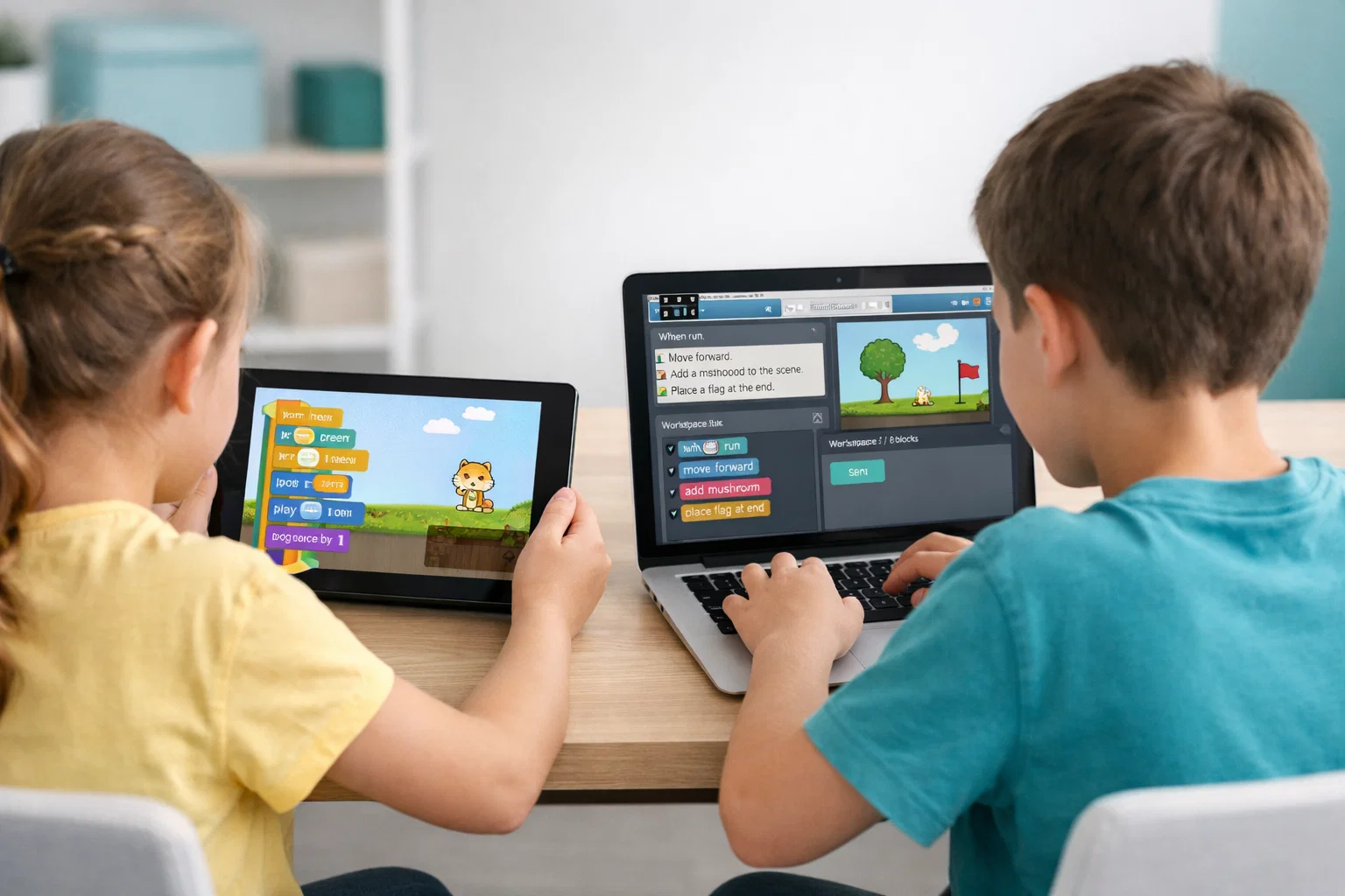 Two children learning block-based coding, one using Scratch on a tablet and the other using Code.org on a laptop at a desk.