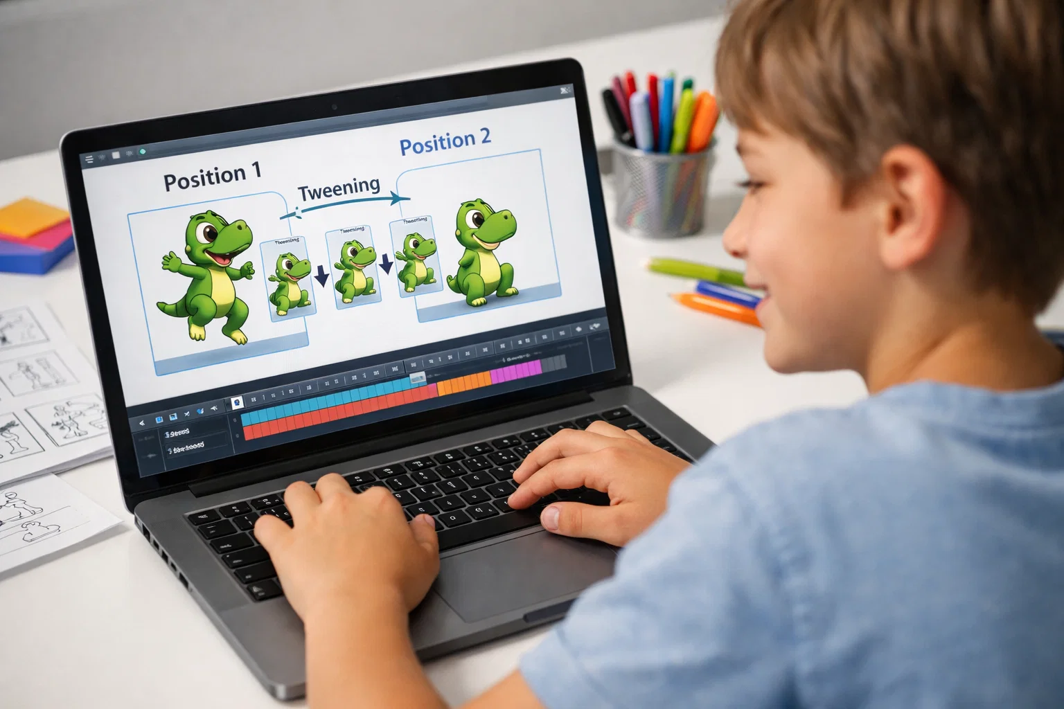 Boy using laptop to learn tweening in animation, showing character movement between two positions on screen.