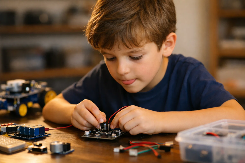 Persistent child assembling a beginner robotics kit showing readiness to learn coding and programming 