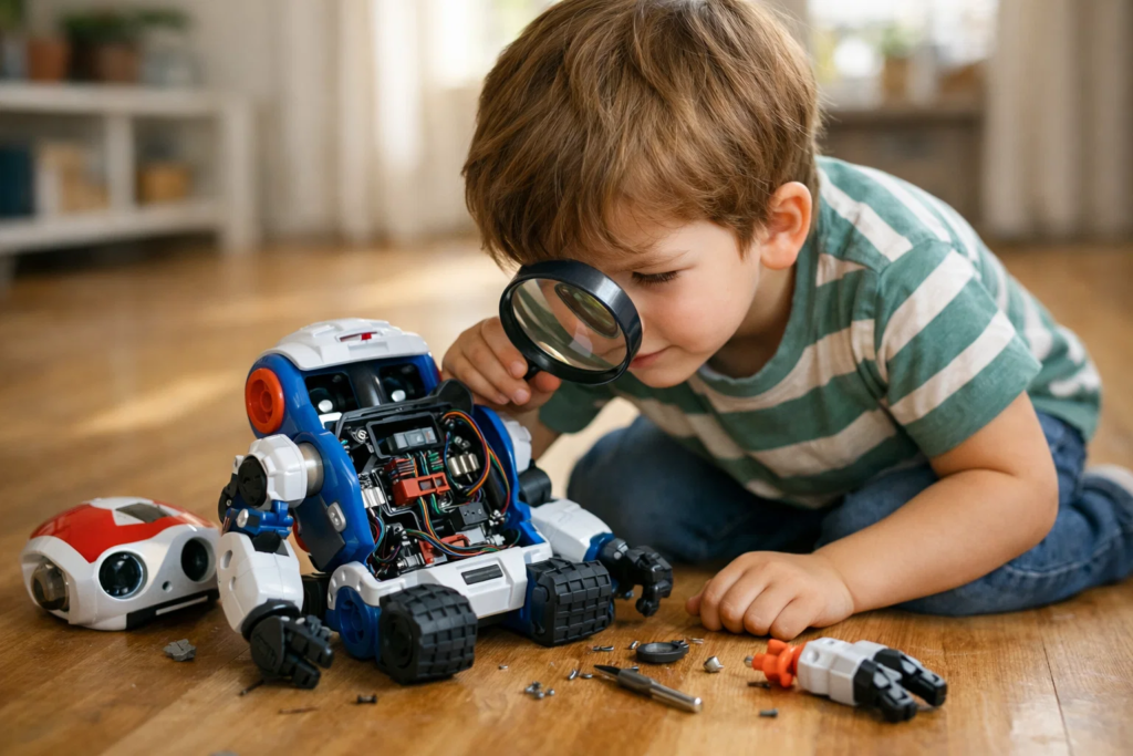 Curious child examining the inside of a toy robot showing signs of readiness to learn to code 