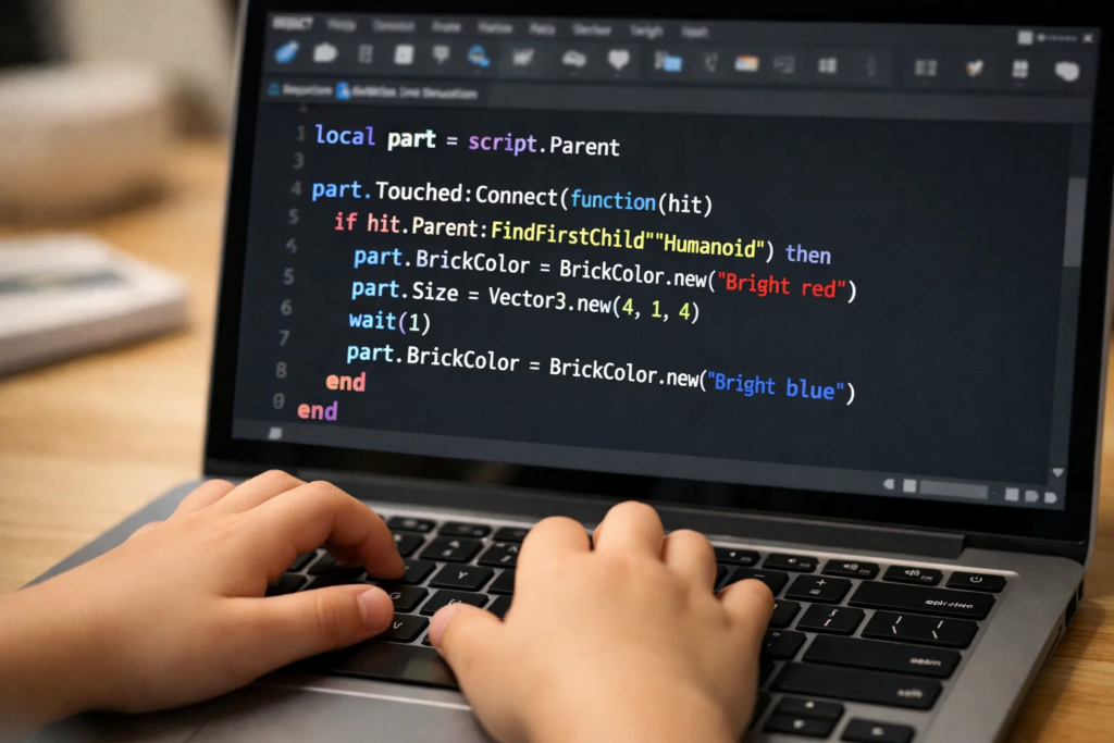 Child learning Lua coding language on laptop using Roblox Studio game development tool