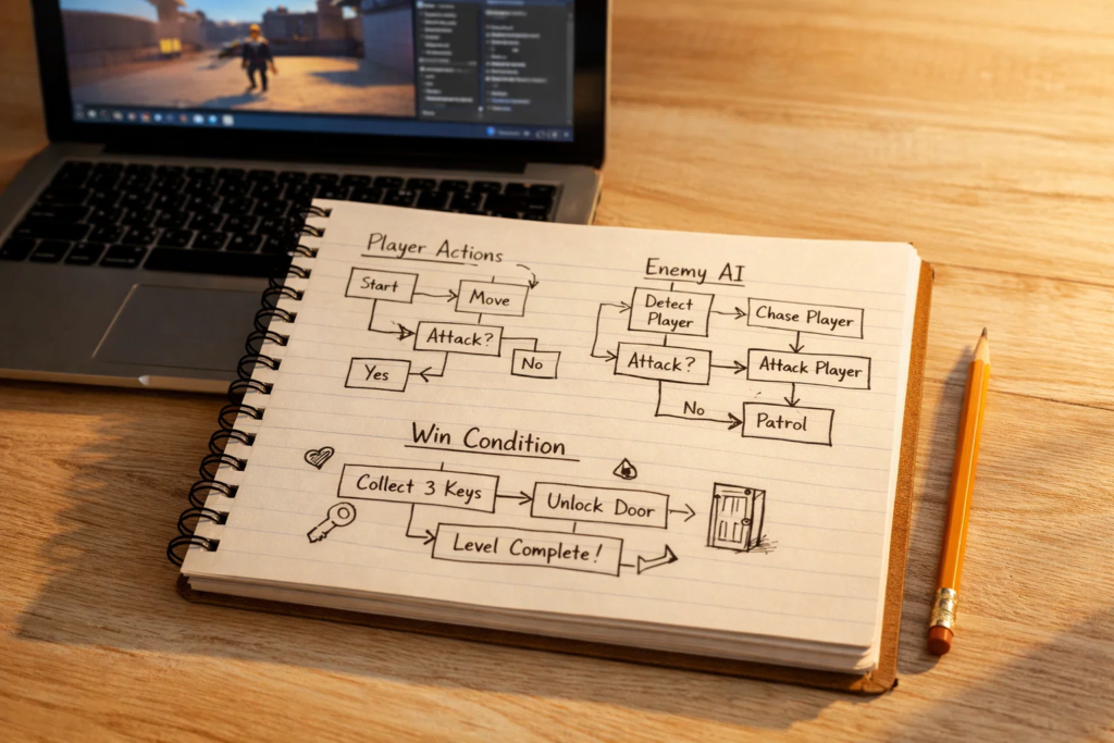  Game design notes beside a Roblox Studio screen showing Lua scripting concepts