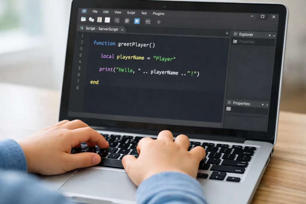 Close-up of a child typing their first Lua script in Roblox Studio game editor 
