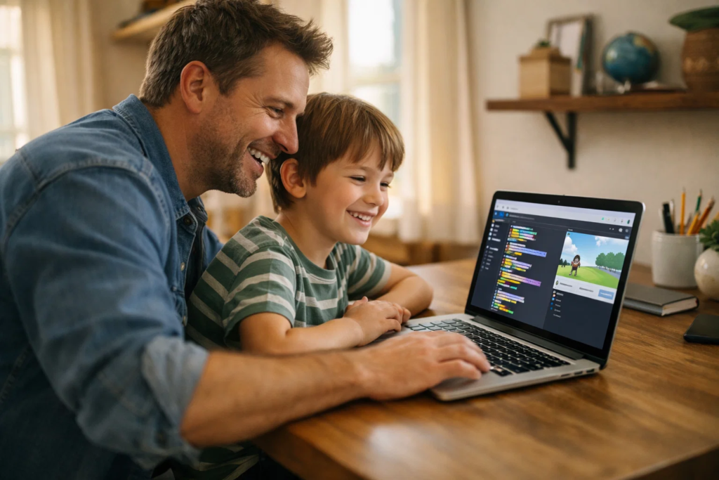 Parent and child reviewing coding competition preparation together on a laptop at home