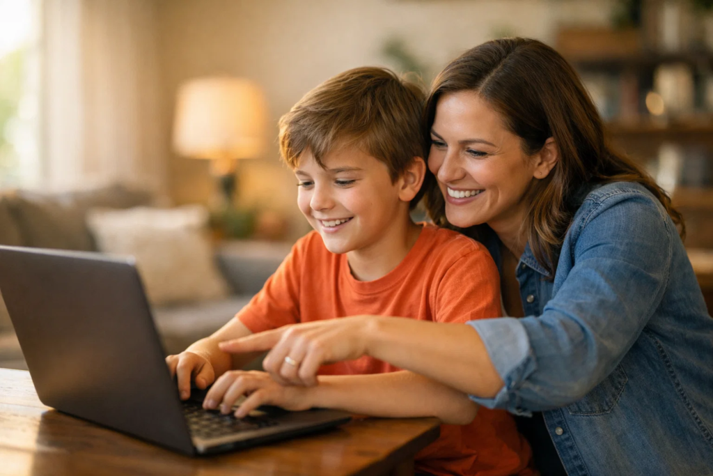 Parent and child exploring first coding course together on laptop after spotting signs child is ready to code 