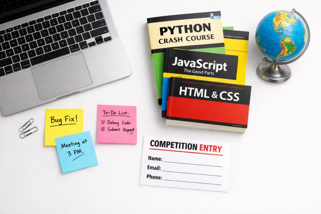 Coding competition preparation materials including books, laptop, and entry card on a clean desk