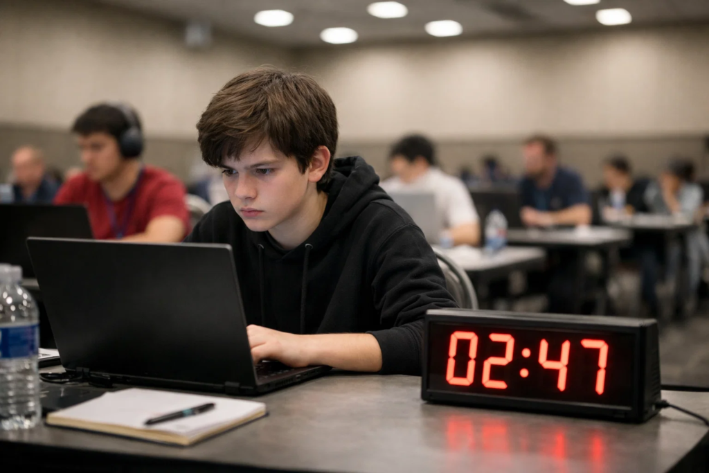 Young student competing in a coding competition at a large hall with a laptop and timer
