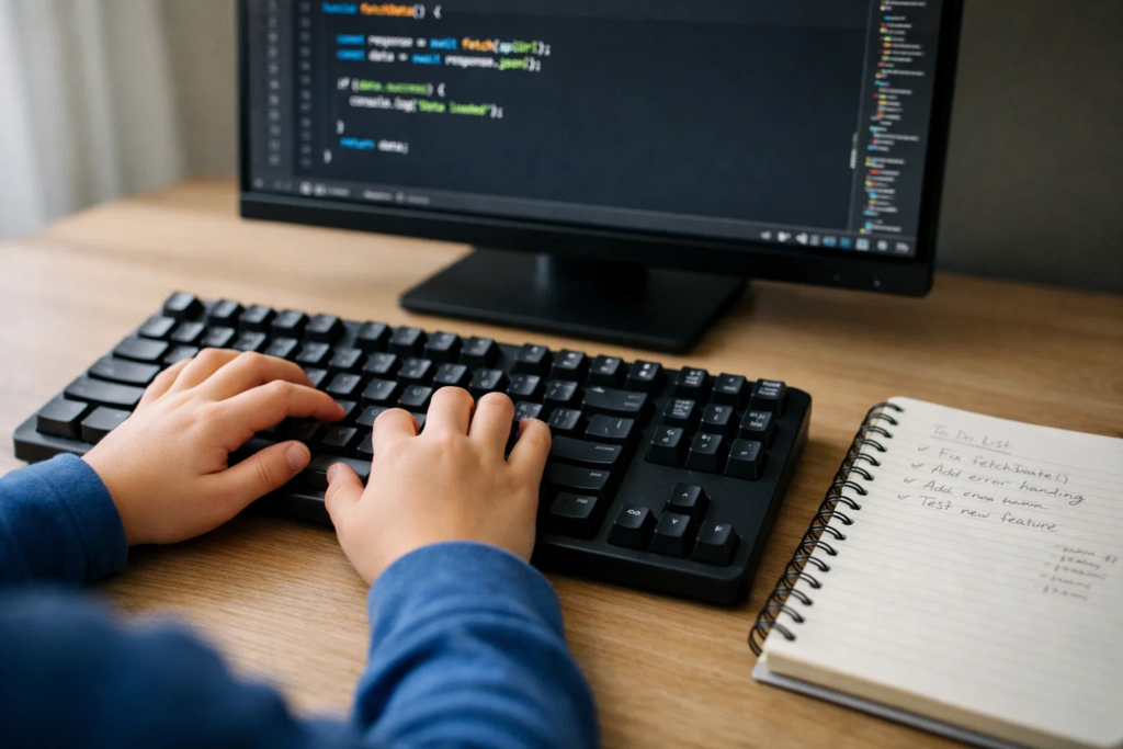 Child practicing competitive programming on a laptop with colourful code editor and handwritten notes