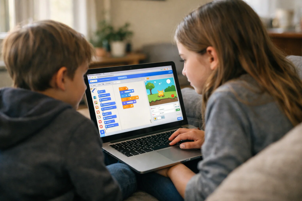 wo kids excited about their first Scratch game project showing signs they are ready to learn to code 