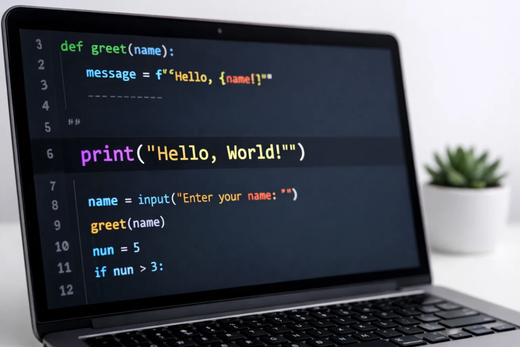 Python Hello World code on laptop screen — beginner Python programming example