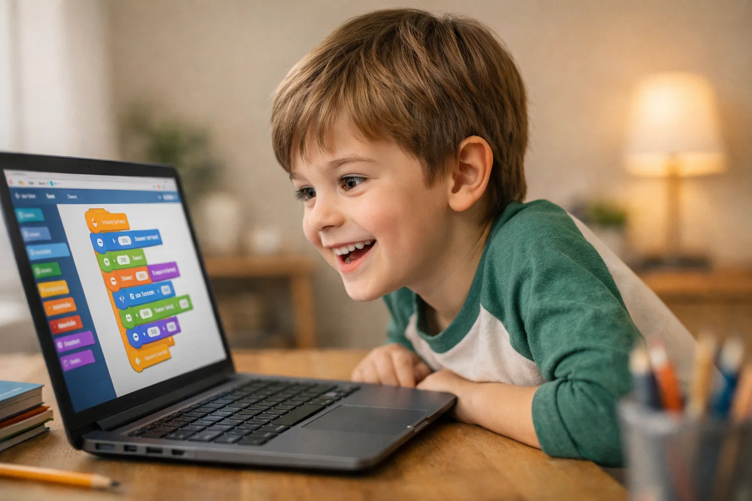 Child ready to learn to code on laptop with colourful block-based coding blocks on screen at home desk