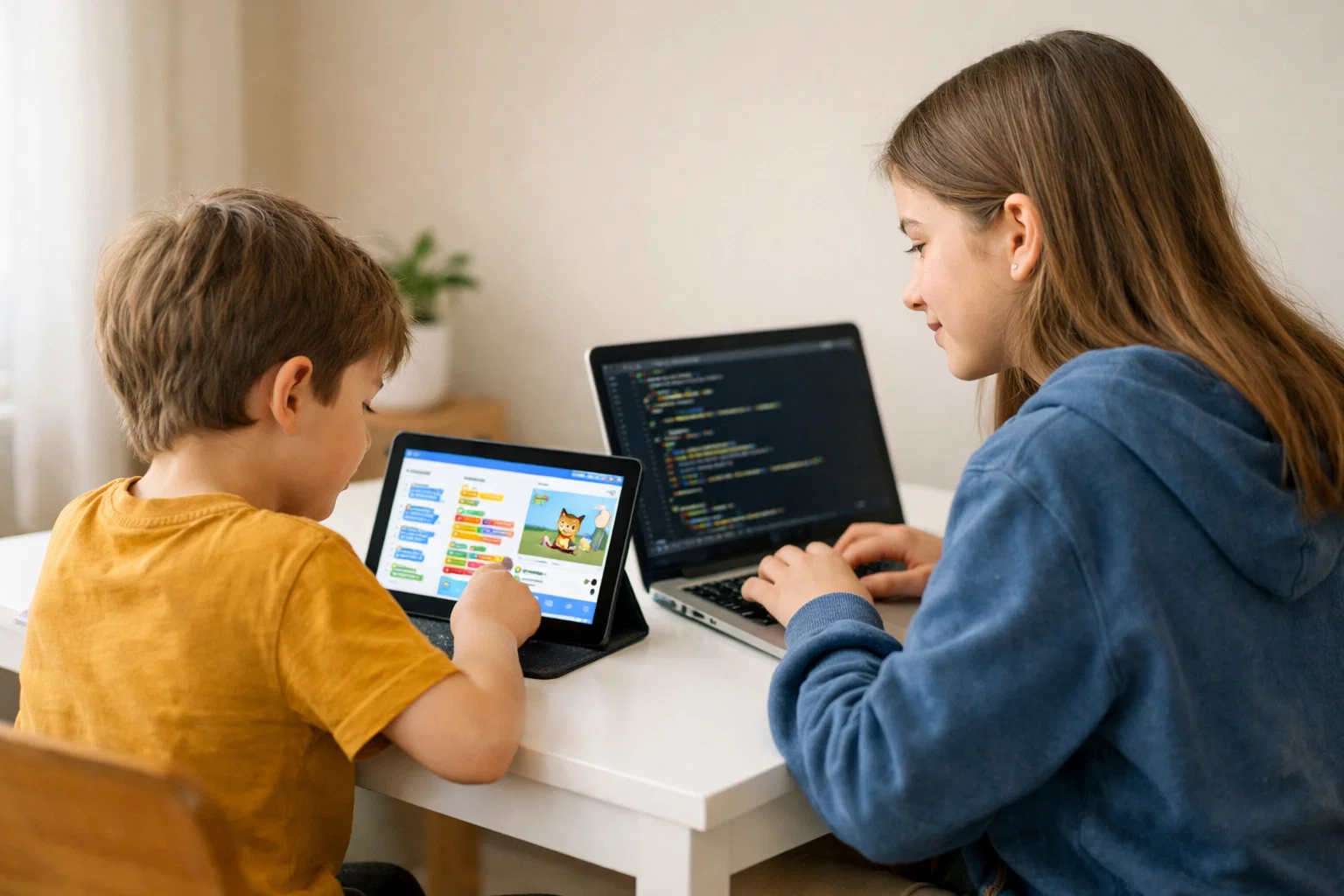 Scratch vs Python for kids — two children learning coding on tablet and laptop side by side