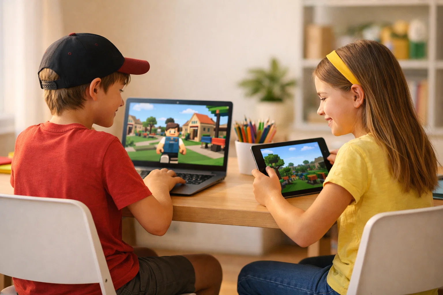 Two kids comparing Roblox and Minecraft games on devices at a home desk setup