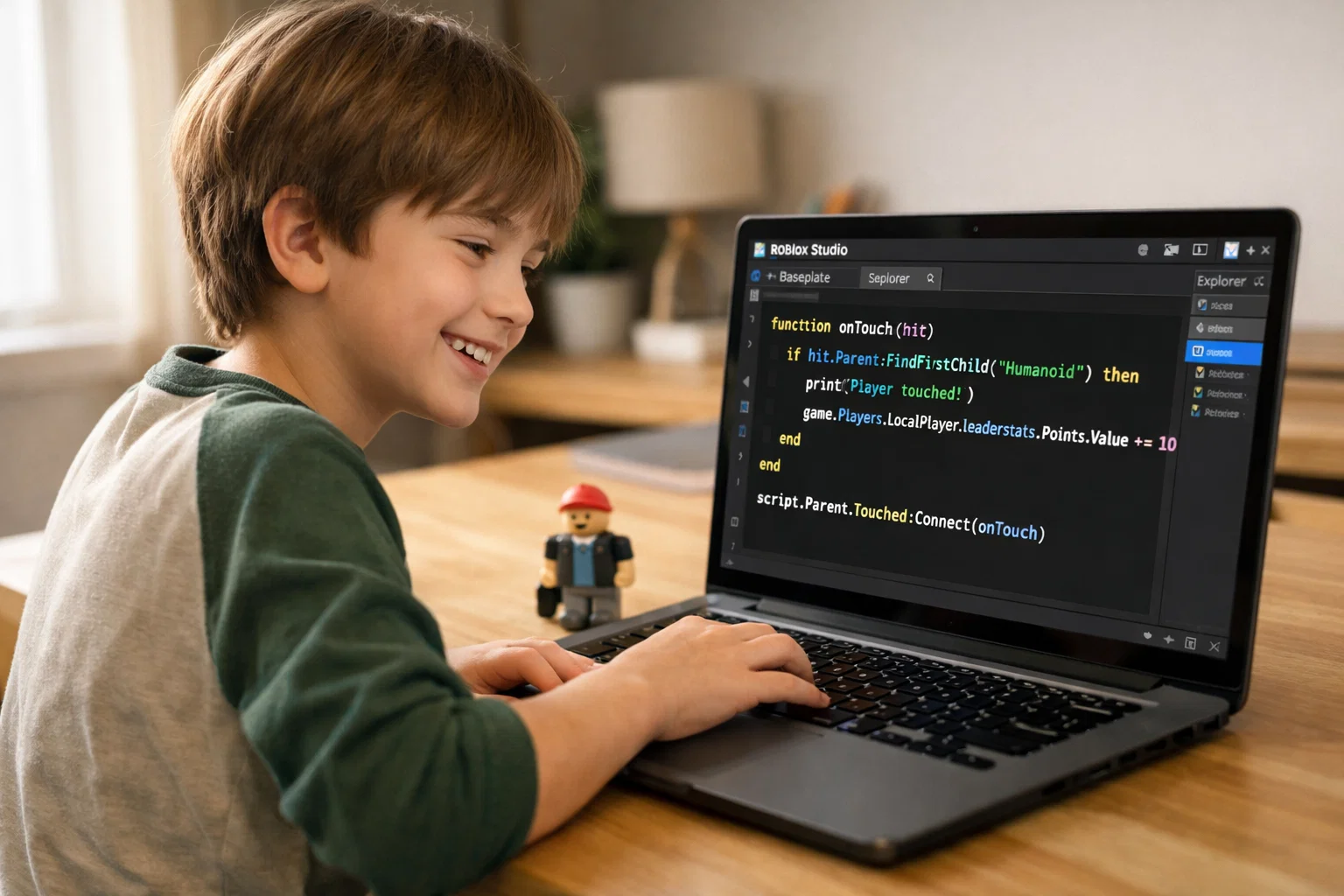 Child learning Lua programming in Roblox on a laptop at a home desk