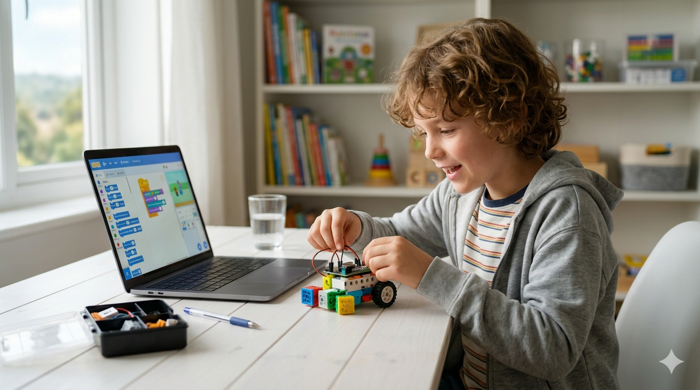 Child engaged in a summer coding program for kids at home with laptop and robotics kit — ItsMyBot summer learning